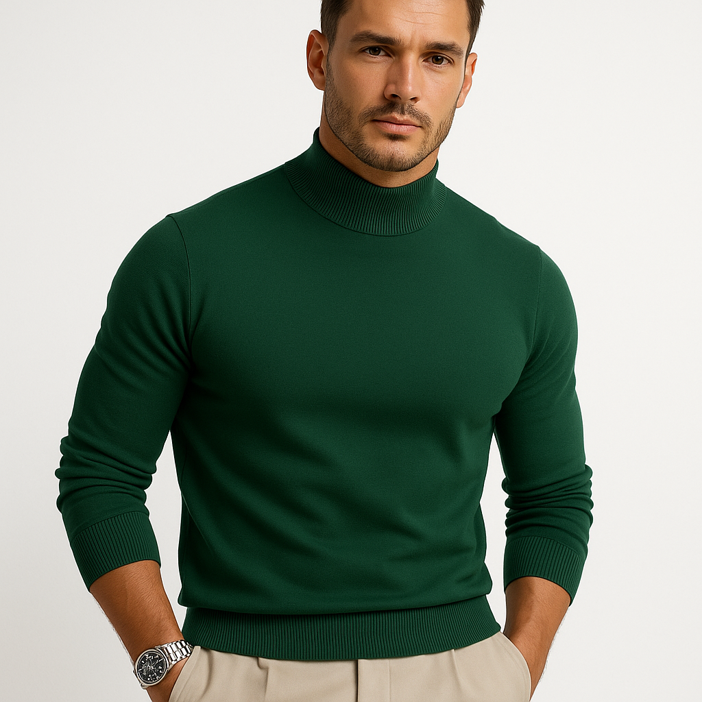 Men's plain mock turtleneck knit sweater with long sleeves and ribbed trim
