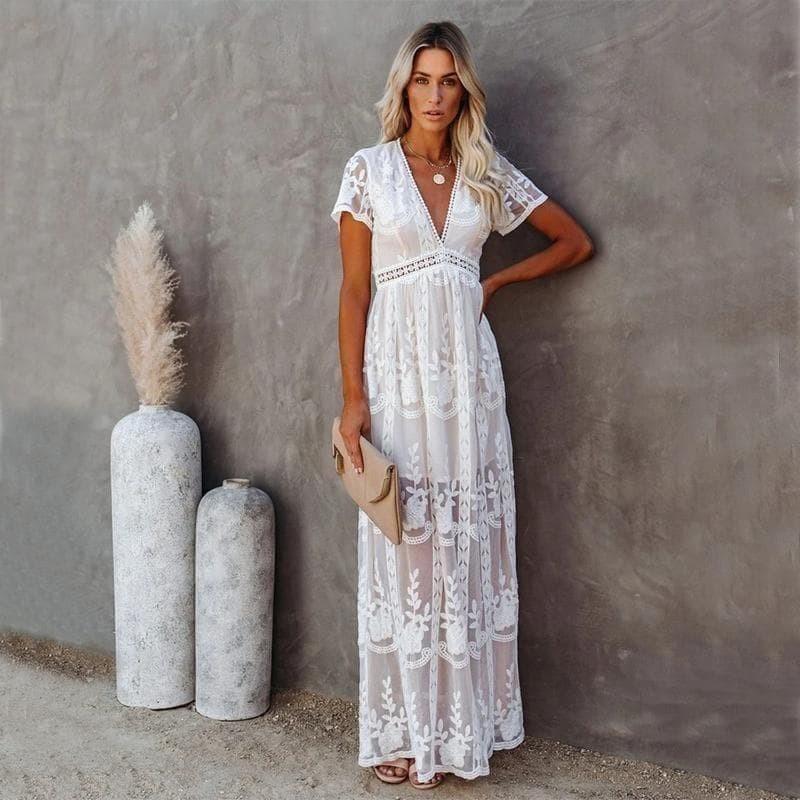 Embroidered Lace Maxi Dress with Crochet Waist Trim