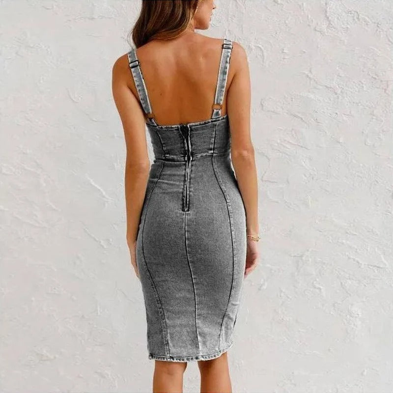 Denim Zip Front Bodycon Midi Dress with Side Slit