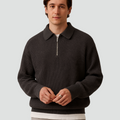 Men's ribbed polo sweater with fold-over collar and quarter-zip front