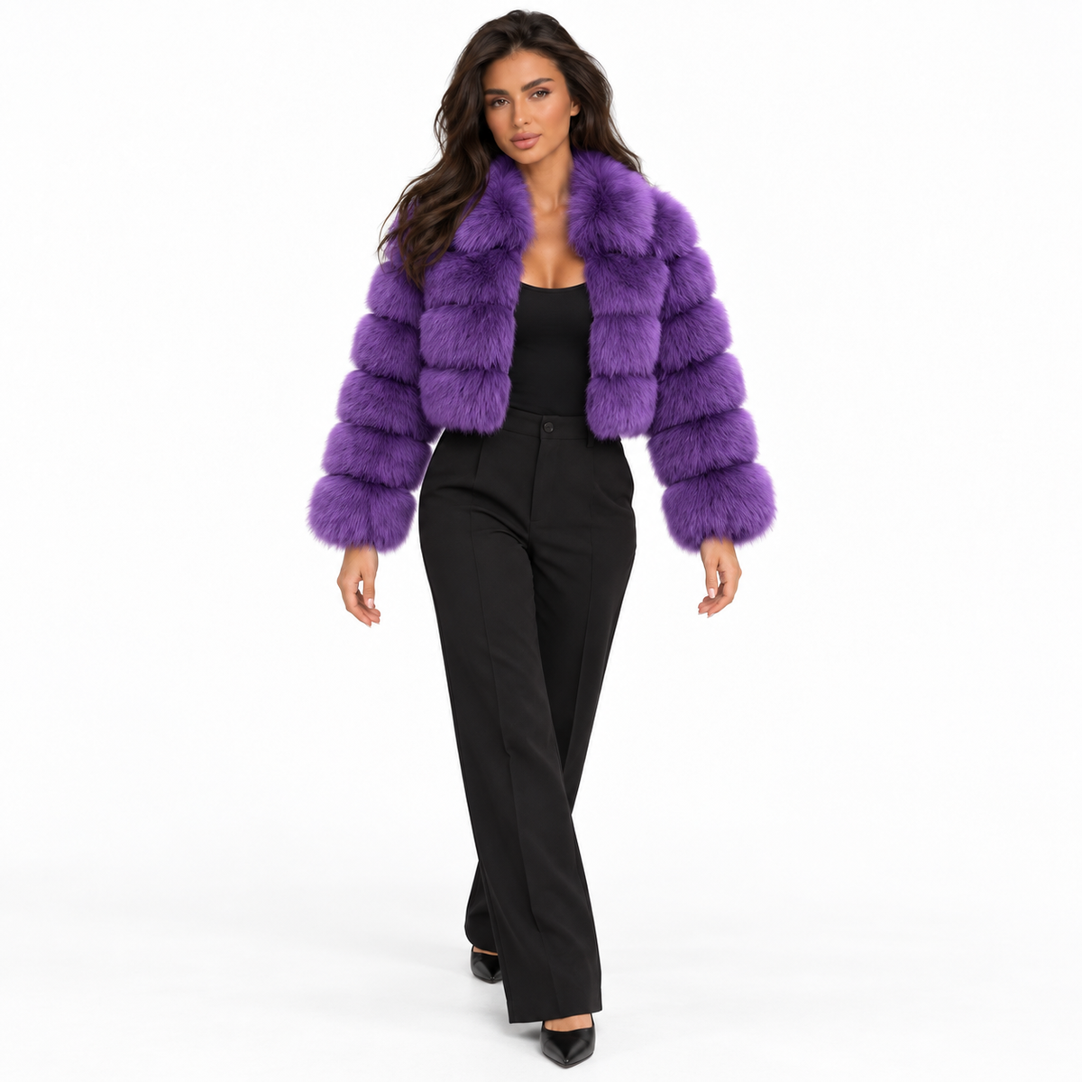 Women's Cropped Tiered Faux Fur Jacket