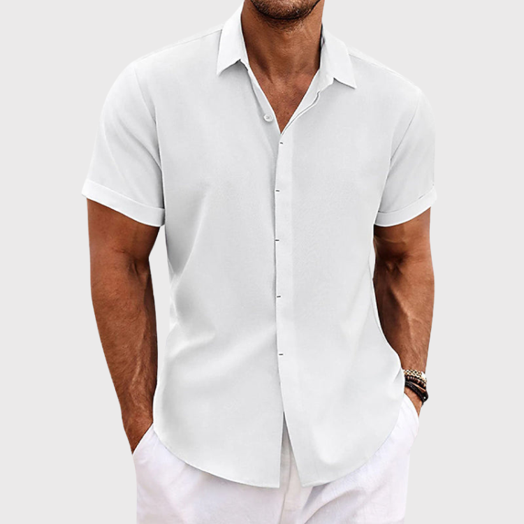 Linen Blend Short Sleeve Shirt with Point Collar