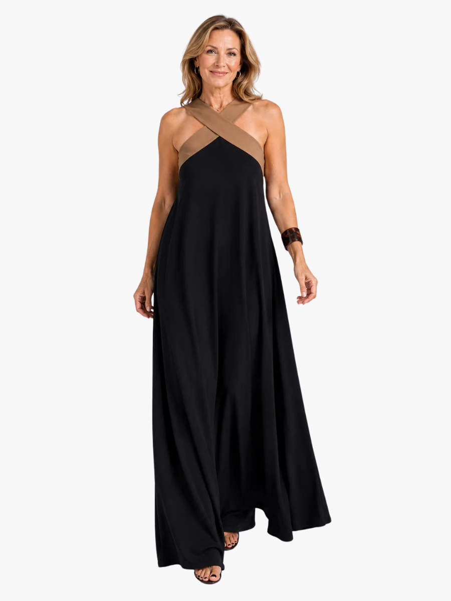 Colour Block Cross-Front Halter Maxi Dress