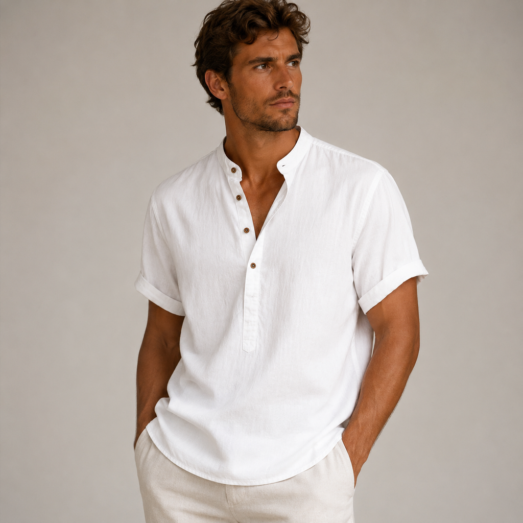 Short Sleeve Linen Henley Shirt with Band Collar