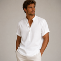 Short Sleeve Linen Henley Shirt with Band Collar