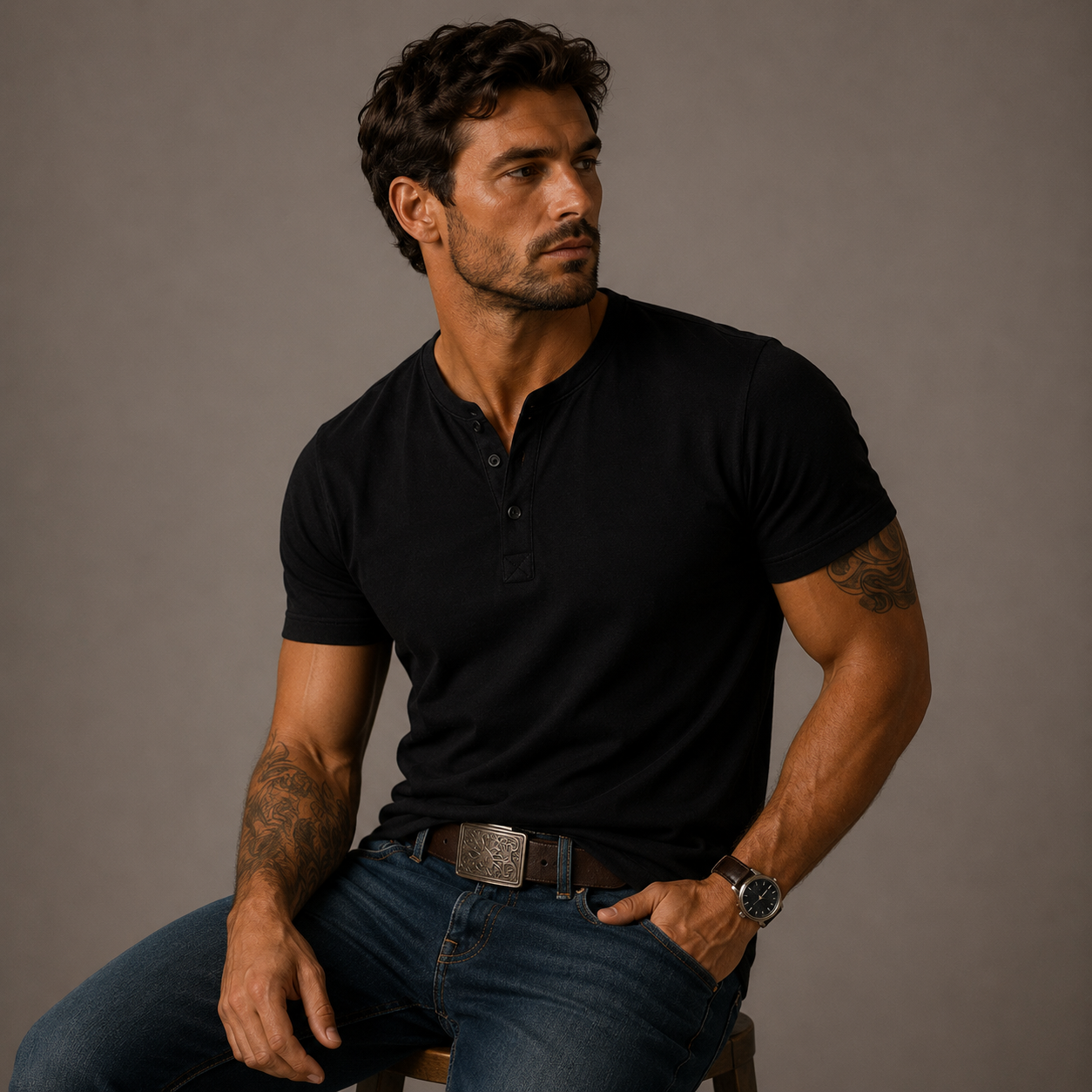 T-shirt Henley en coton à manches courtes