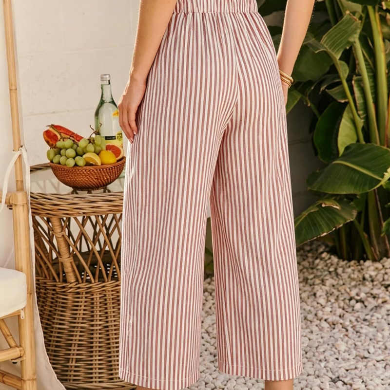 Striped Wide Leg Trousers with Contrast Drawstring