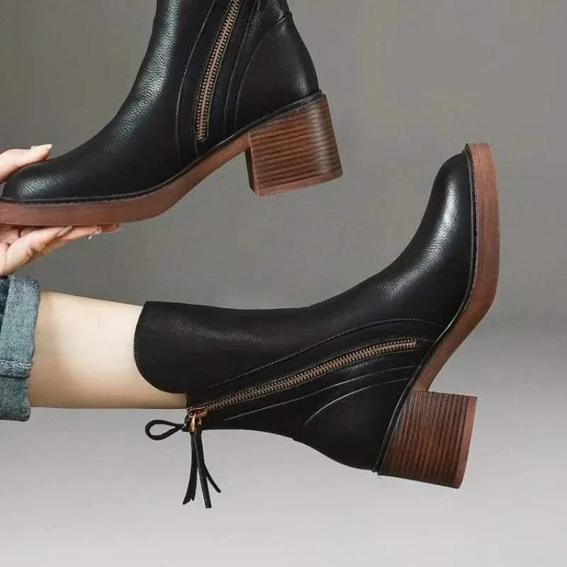 Women's Zip-Up Block Heel Ankle Boots with Tassel