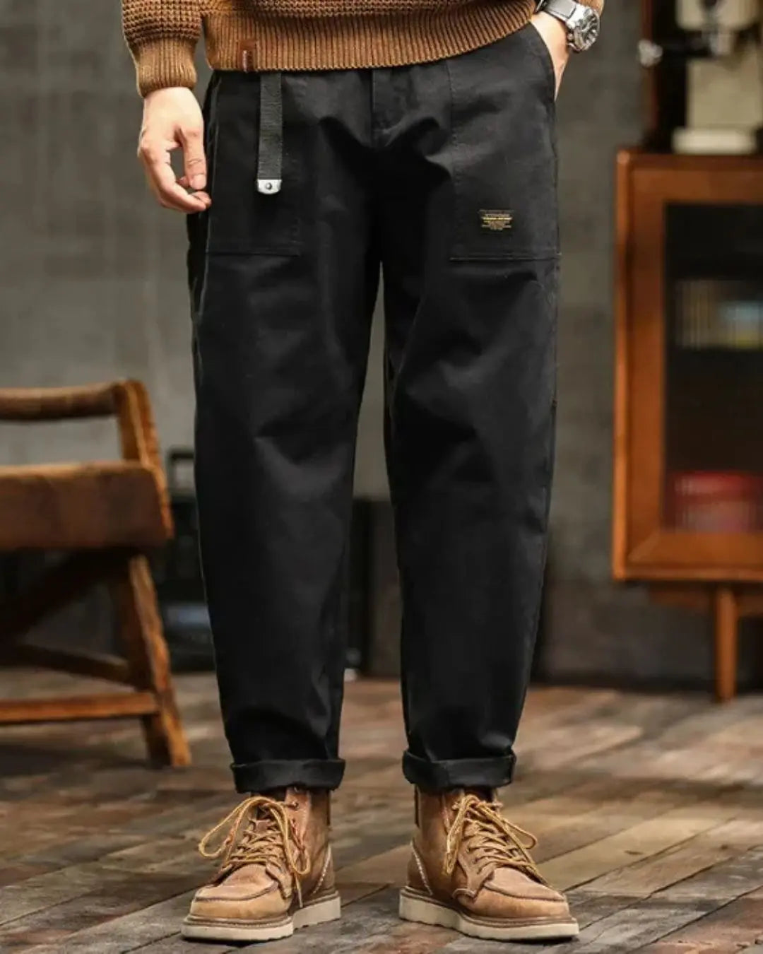 Pantalon cargo vintage avec revers roulé