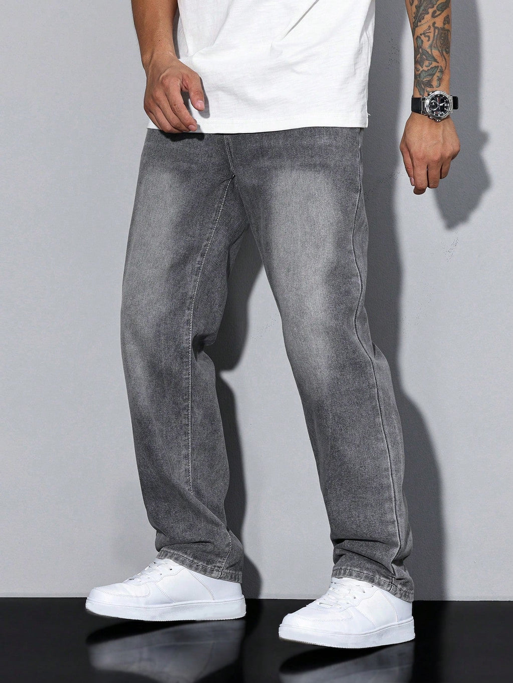 Relaxed Fit Straight Leg Jeans with Faded Wash