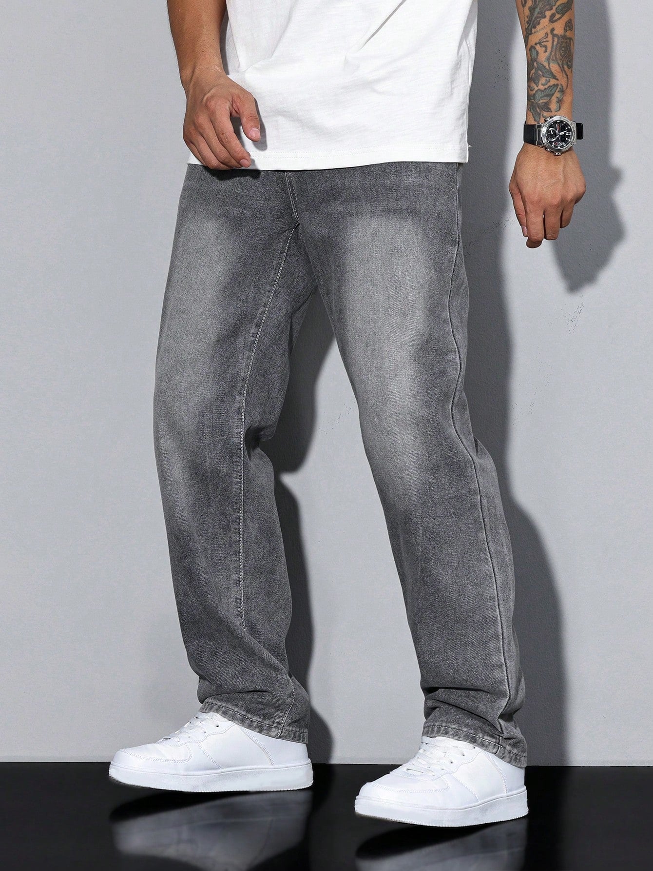 Relaxed Fit Straight Leg Jeans with Faded Wash