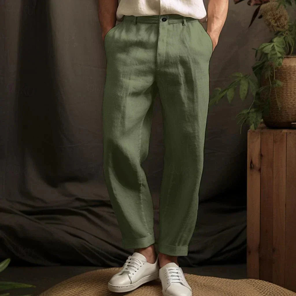 Tailored Linen Blend Trousers with Turn-Up Hem
