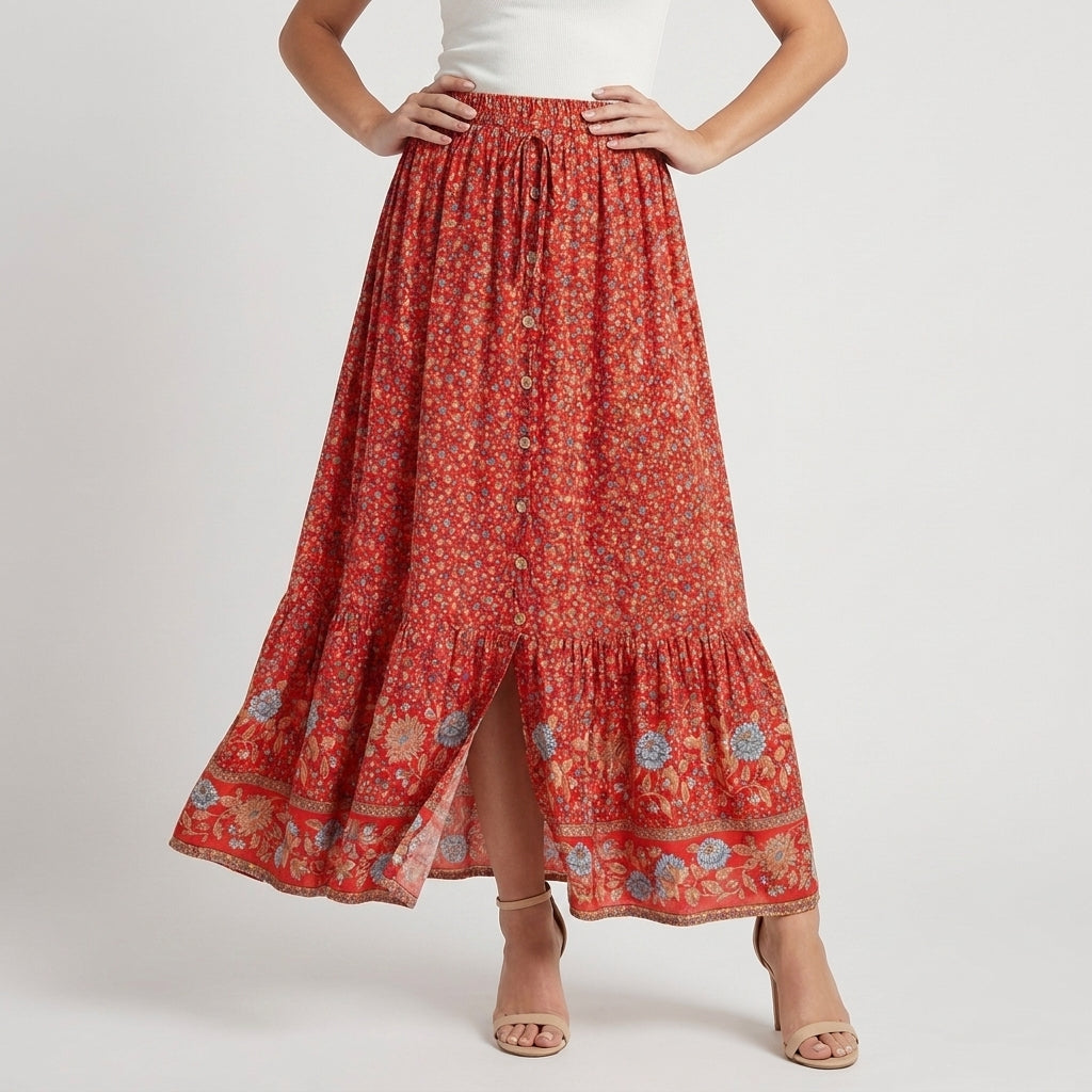 Floral Border Print Button-Front Maxi Skirt