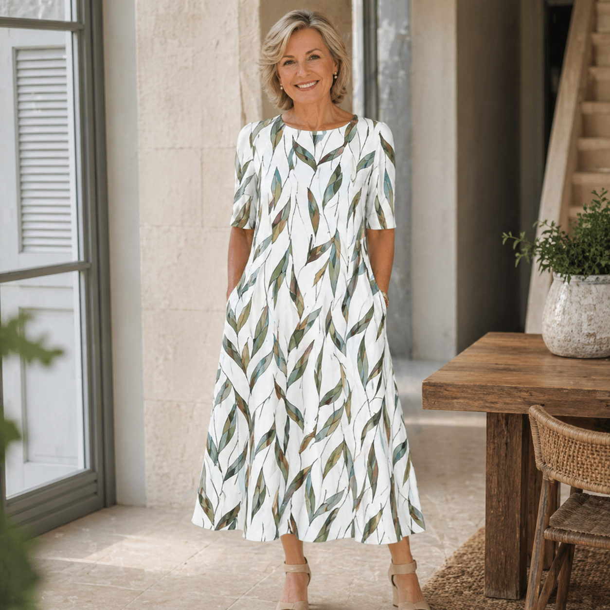 Ditsy Print Fit and Flare Midi Dress with Pockets