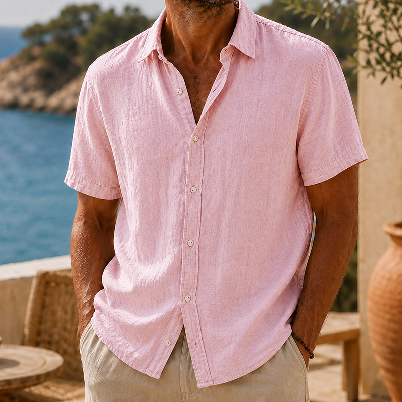 Short Sleeve Cotton Linen Shirt with Classic Collar