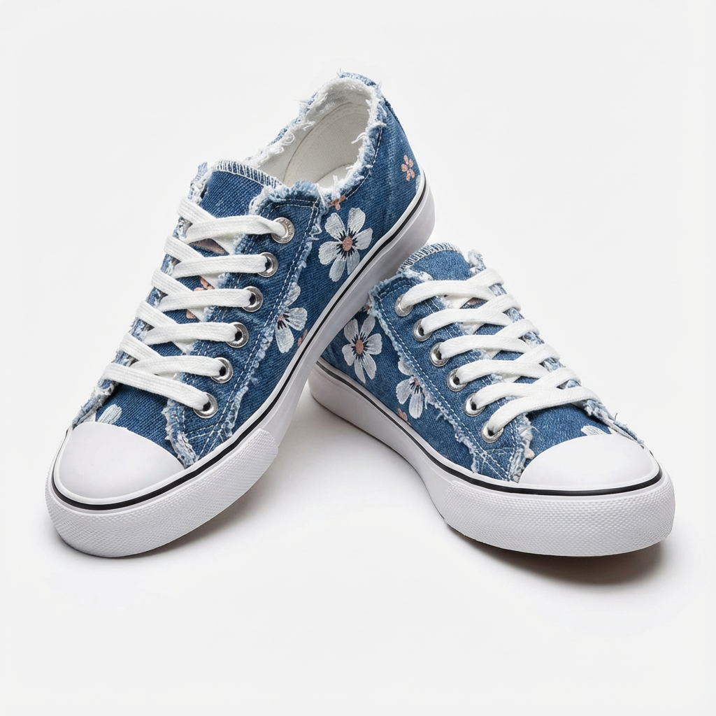 Women's Floral Print Distressed Denim Lace-Up Sneakers