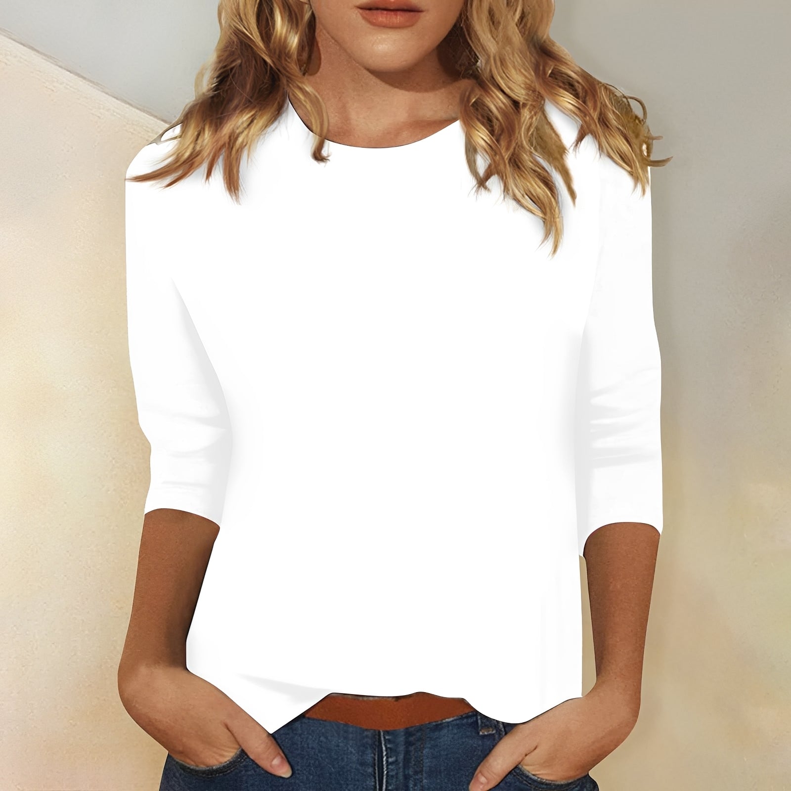 Round Neck Three-Quarter Sleeve Basic Top