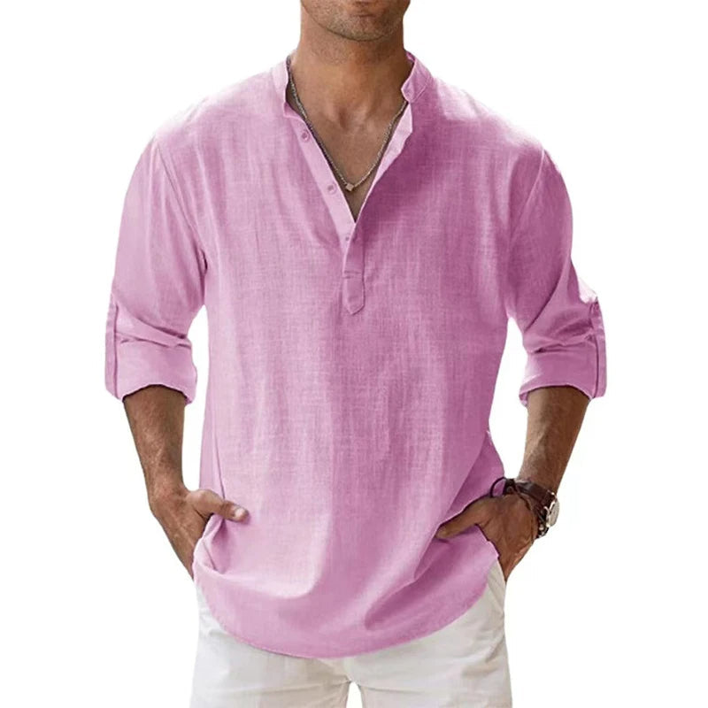 Chemise Henley en lin à manches longues avec col officier