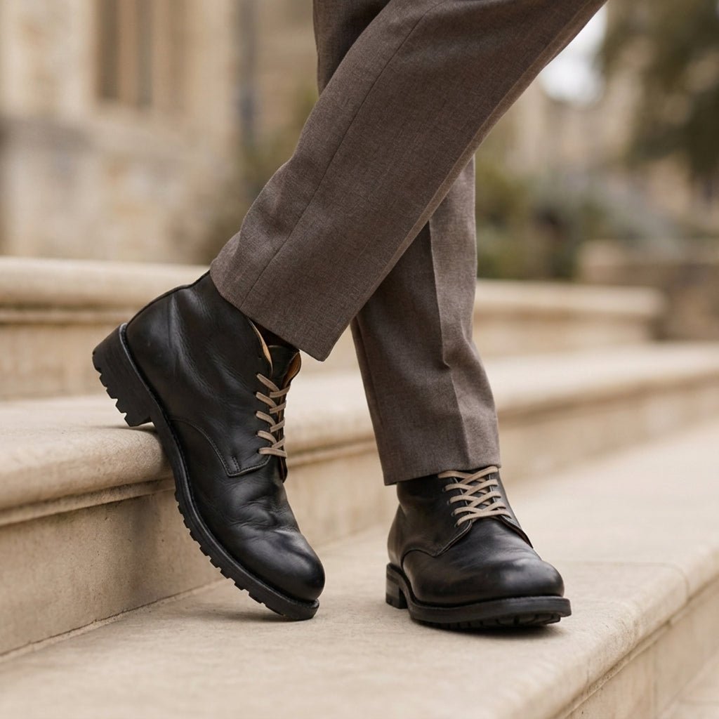 Bottines montantes pour homme en cuir à lacets, avec semelle crantée