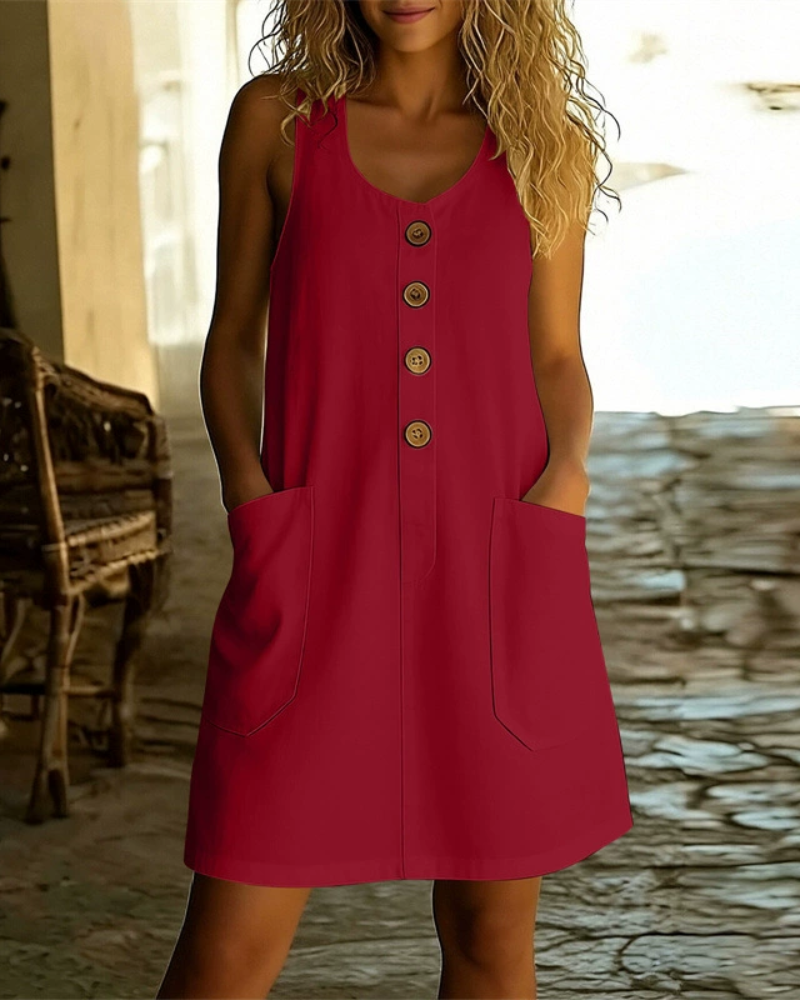 Robe trapèze sans manches boutonnée sur le devant, avec poches