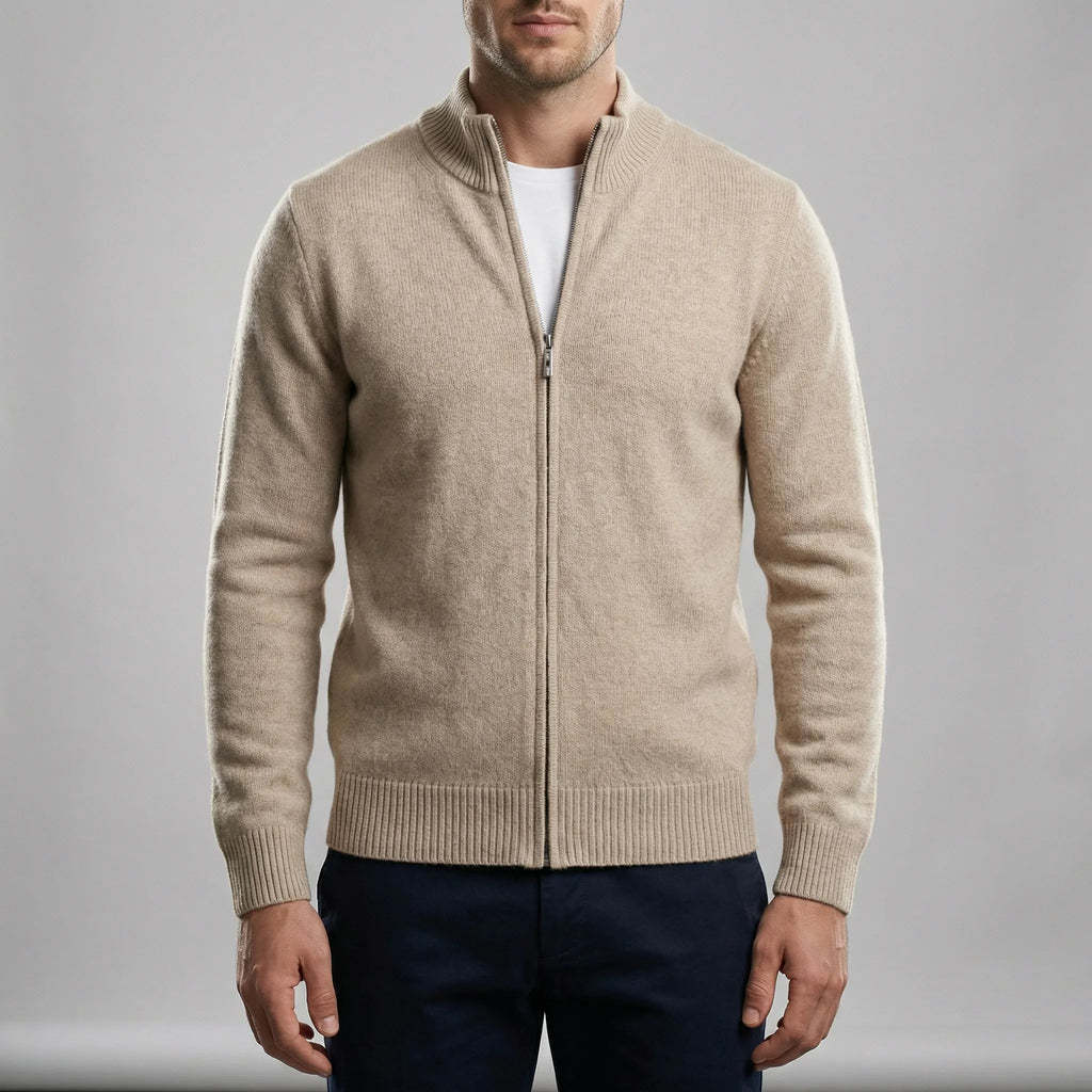 Men's plain knit cardigan with mock neck and full front zipper