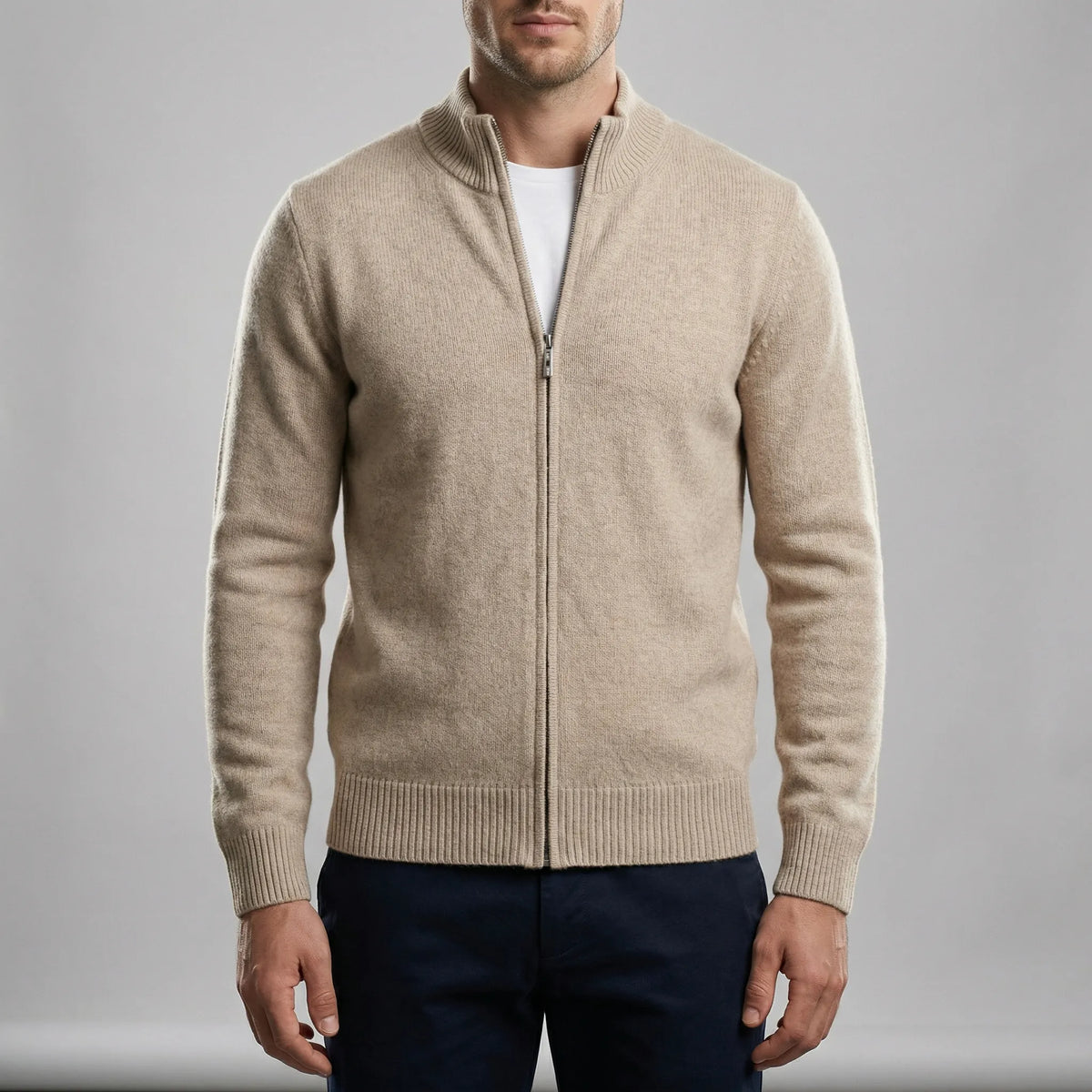 Men's plain knit cardigan with mock neck and full front zipper
