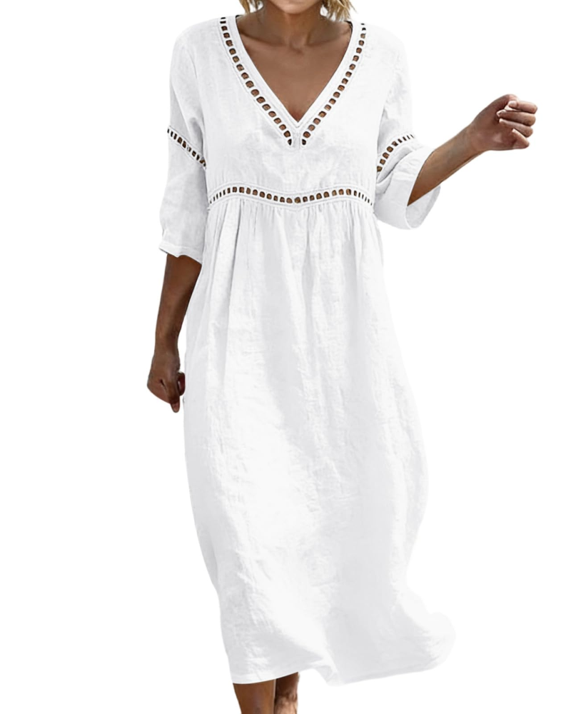 Linen Midi Dress with Hollow Out Trim and Flared Sleeves