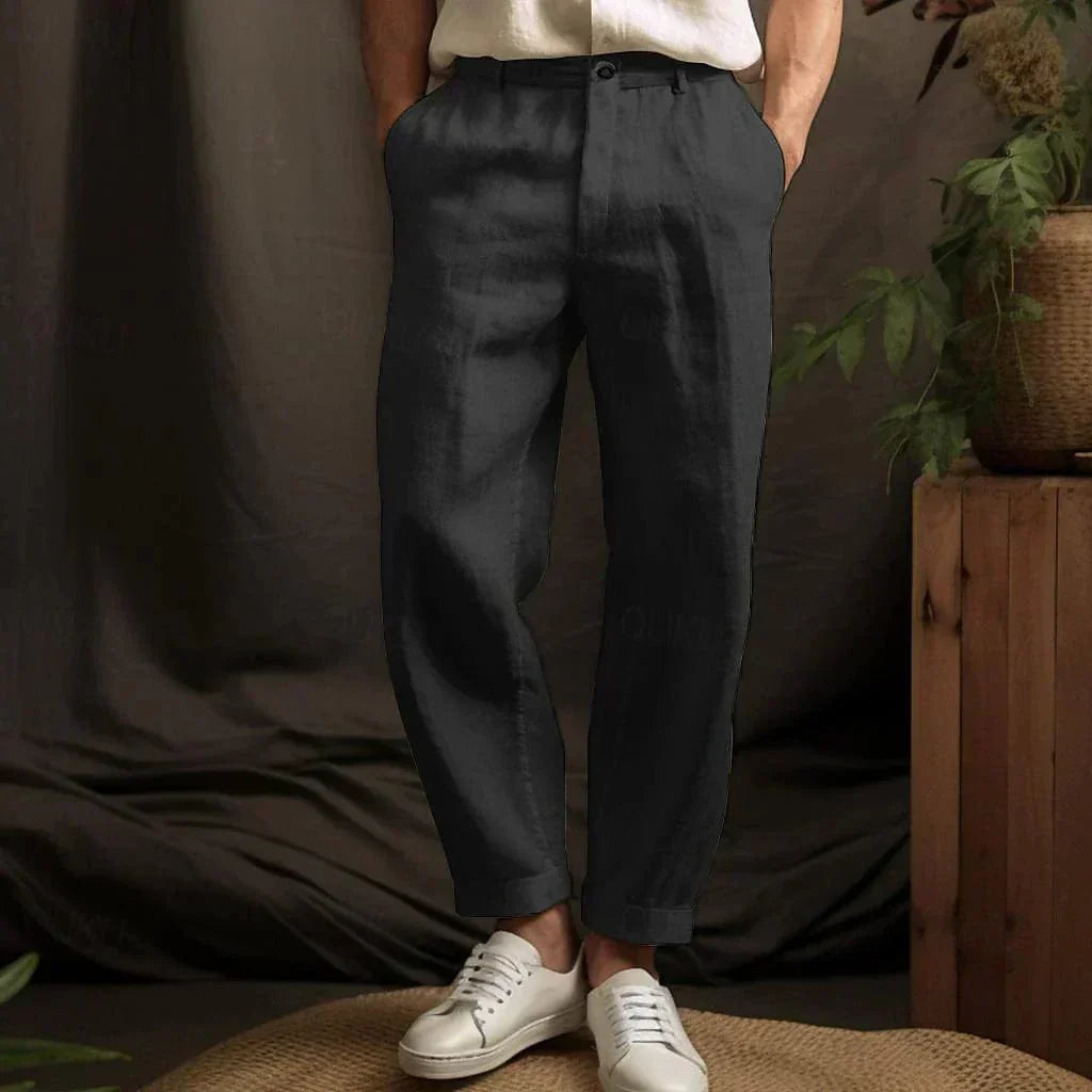 Tailored Linen Blend Trousers with Turn-Up Hem