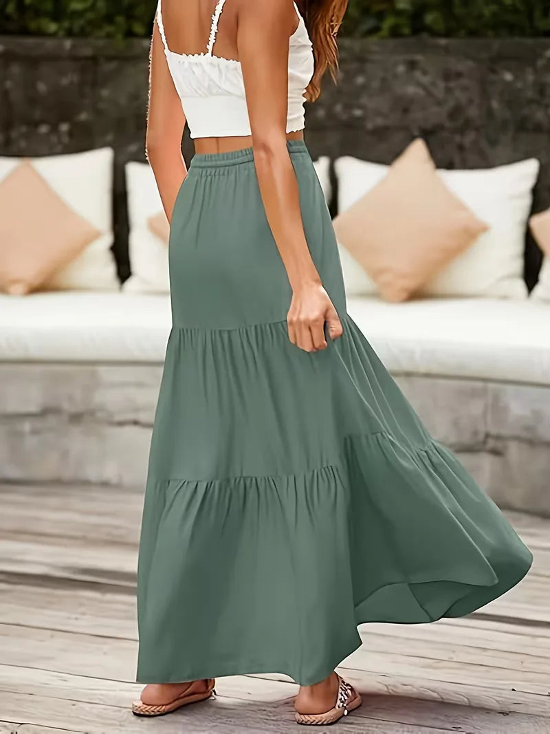Tiered Maxi Skirt with Drawstring Tie Waist