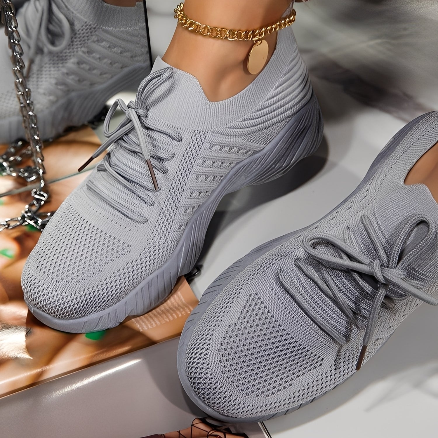 Knit Lace-Up Slip-On Sneakers with Sock-Fit Design