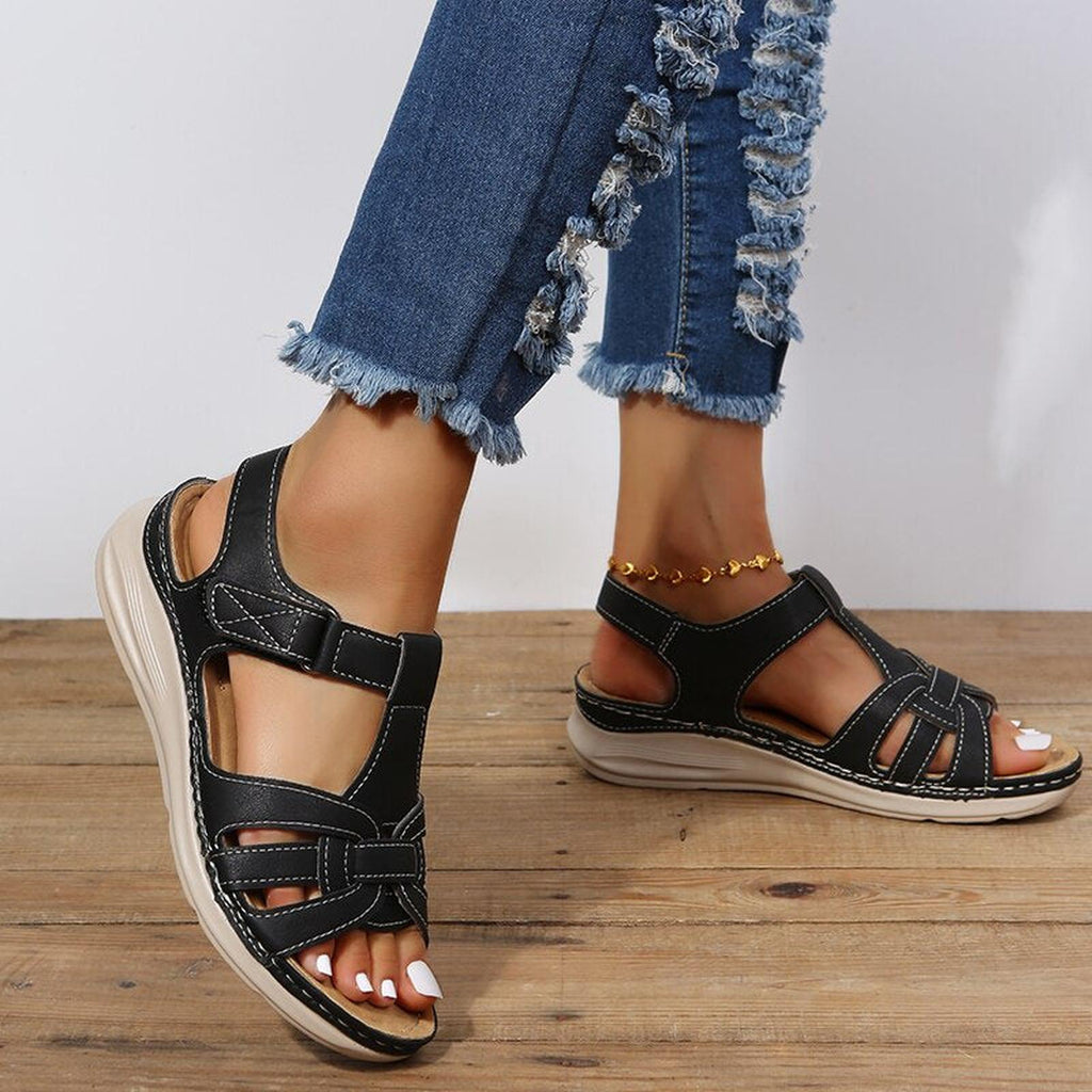 Braided Strap T-Bar Comfort Wedge Sandals