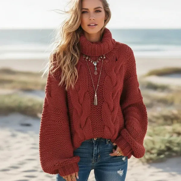 Women's Chunky Cable Knit Oversized Turtleneck Jumper