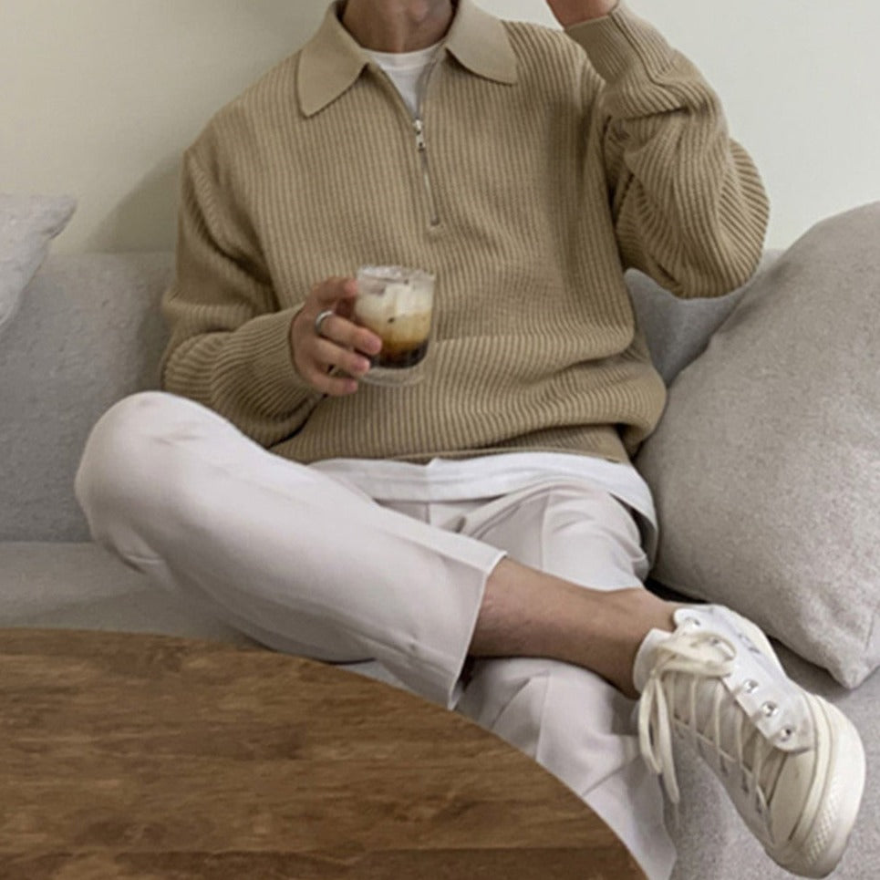 Men's ribbed polo sweater with fold-over collar and quarter-zip front