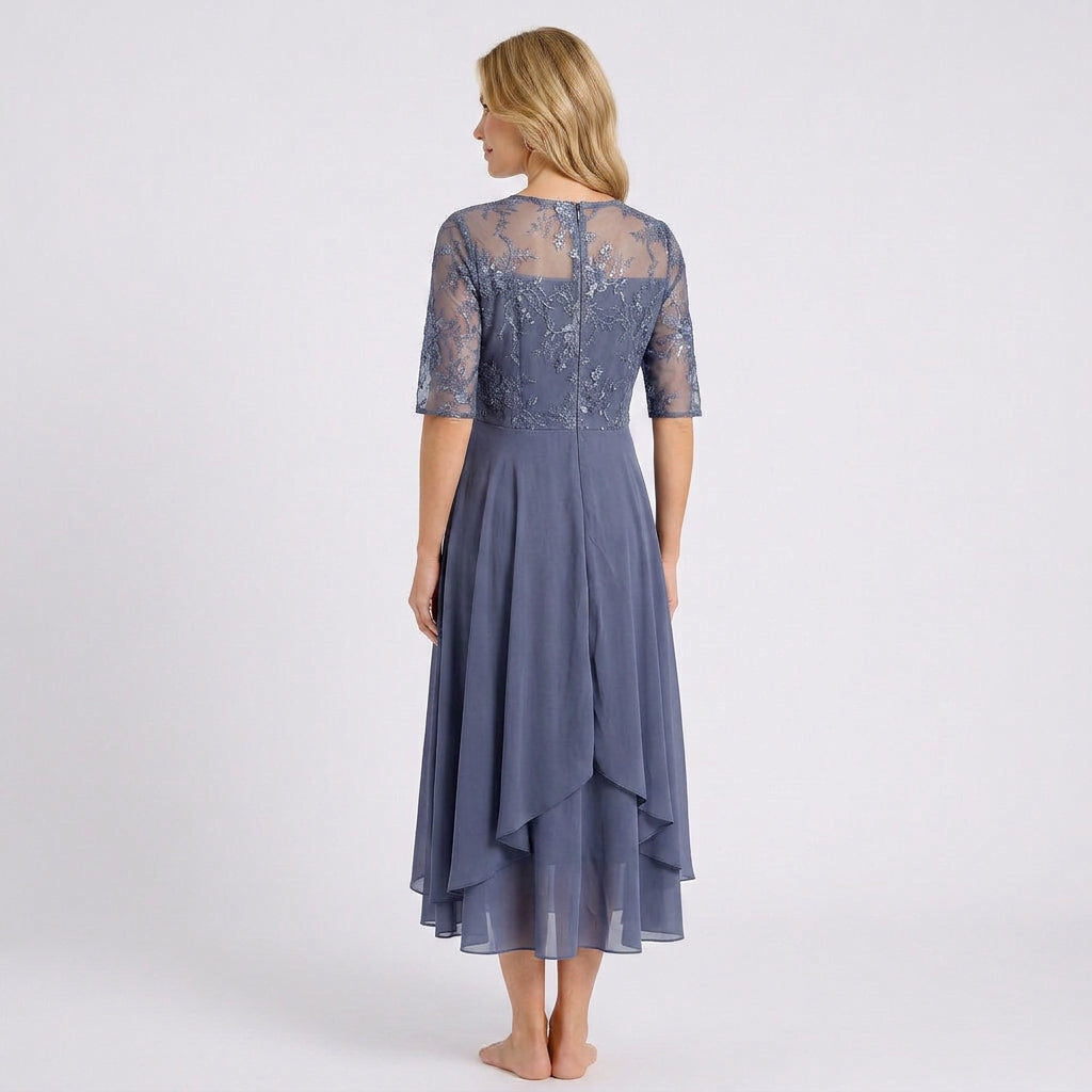 Lace Bodice Midi Dress – Sheer Sleeve Occasion Style