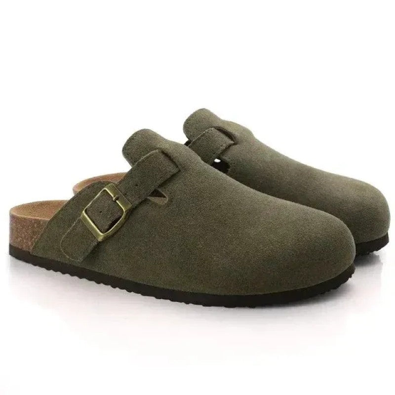 Suede Closed-Toe Clog Mules with Cork Footbed