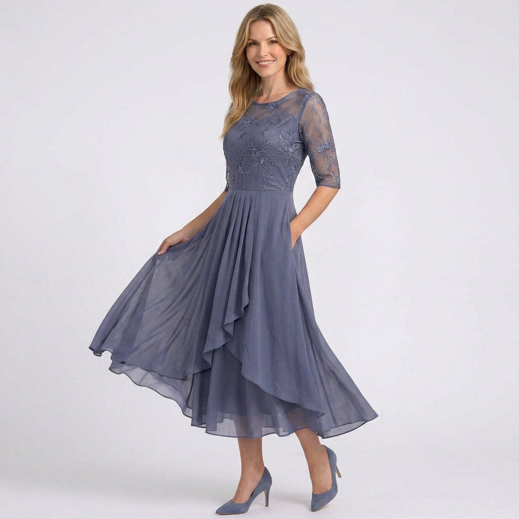 Lace Bodice Midi Dress – Sheer Sleeve Occasion Style