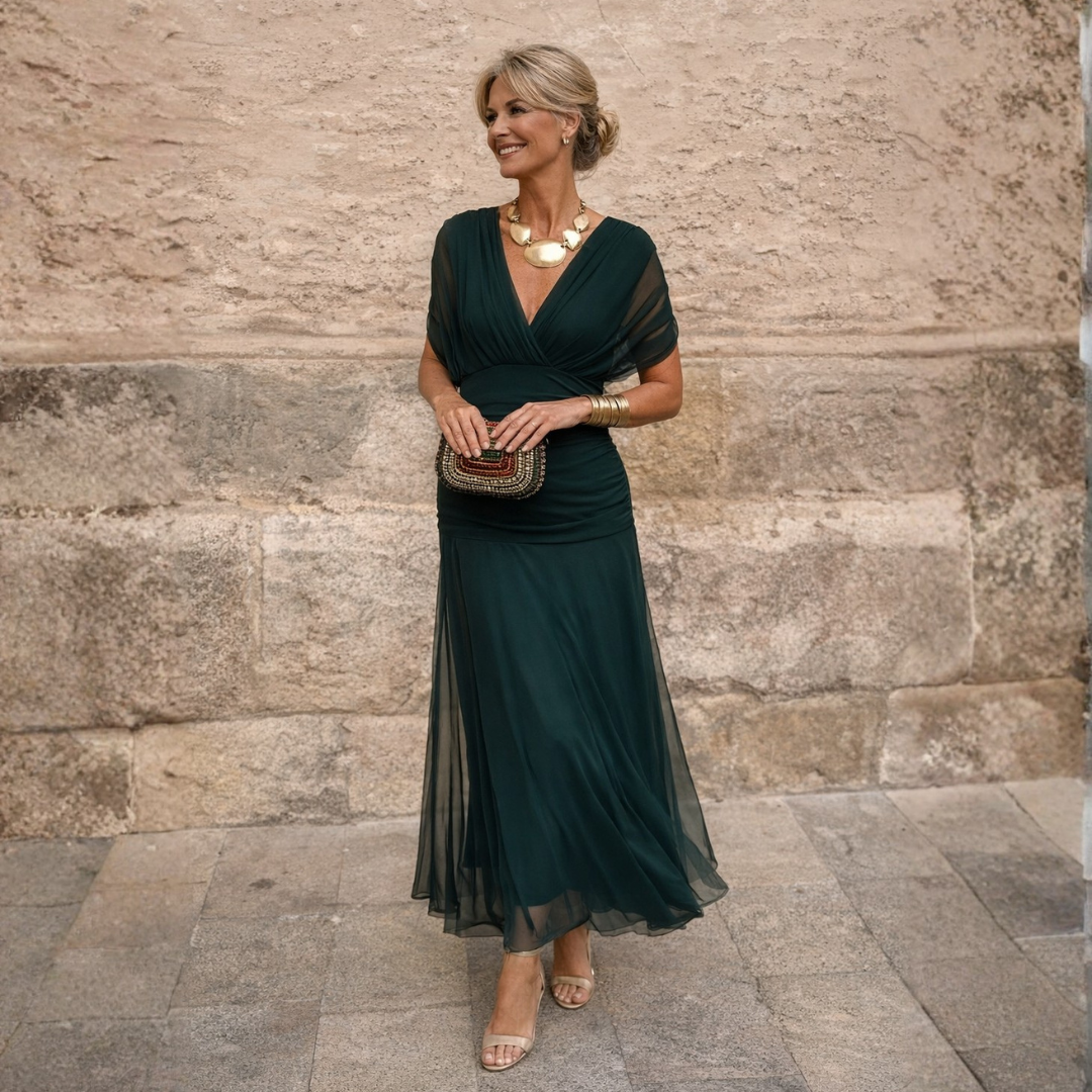 Flowy Wrap Maxi Dress with Draped V-Neckline