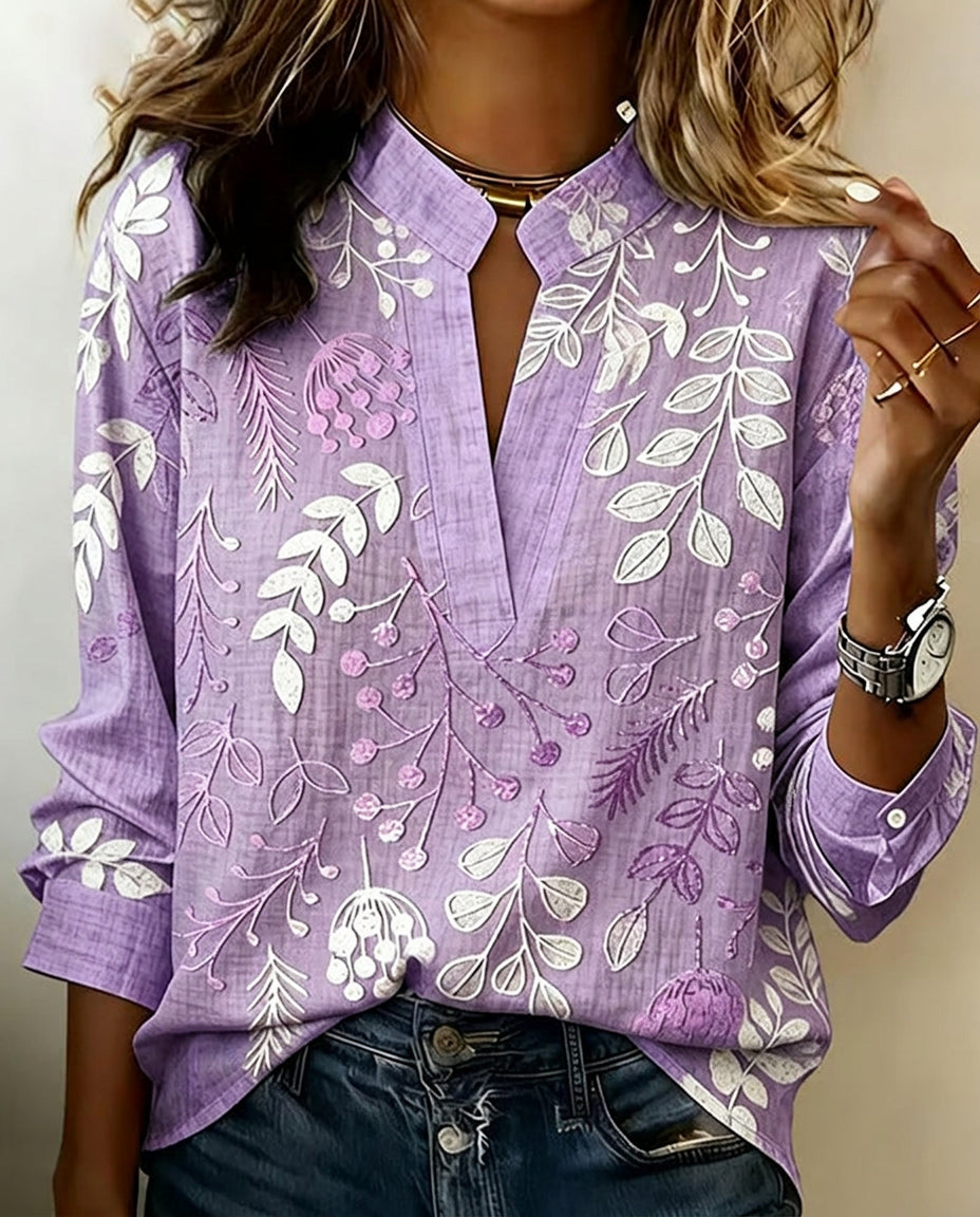 Botanical Print Notched Collar Long Sleeve Blouse