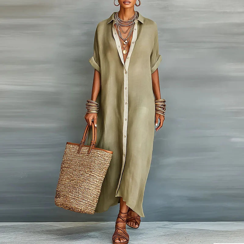 Linen Blend Collared Button-Front Maxi Shirt Dress