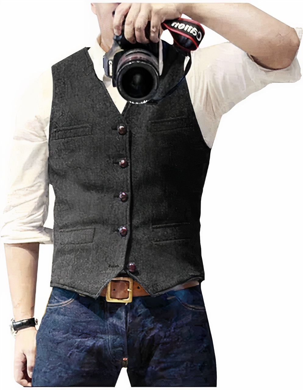 Vintage Denim Waistcoat with V-Neck and Button Front