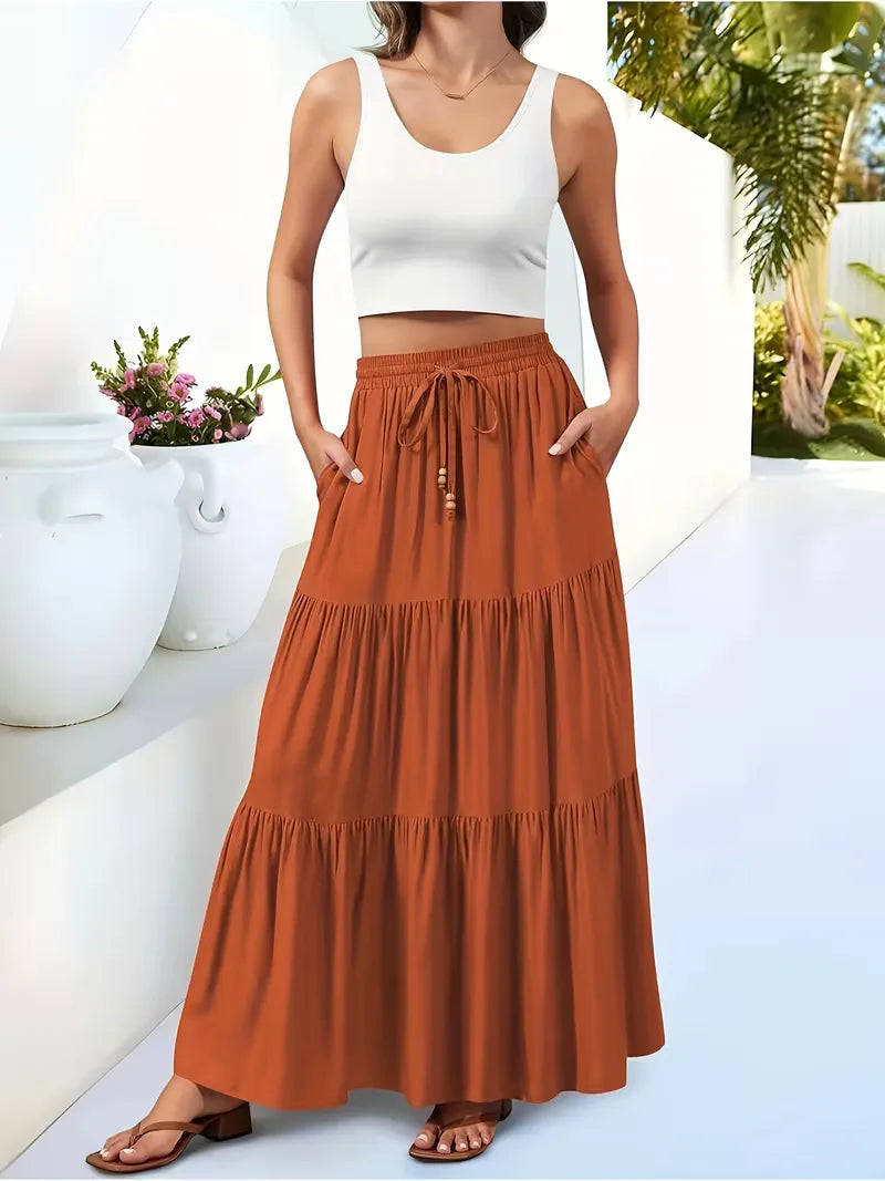 Tiered Maxi Skirt with Drawstring Tie Waist