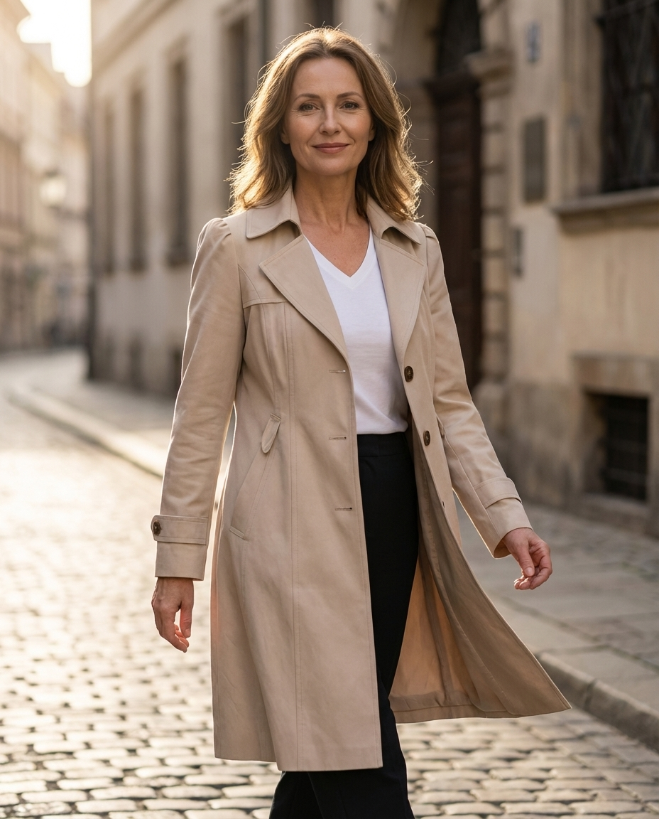 Classic Belted Trench Coat with Tortoise Buttons