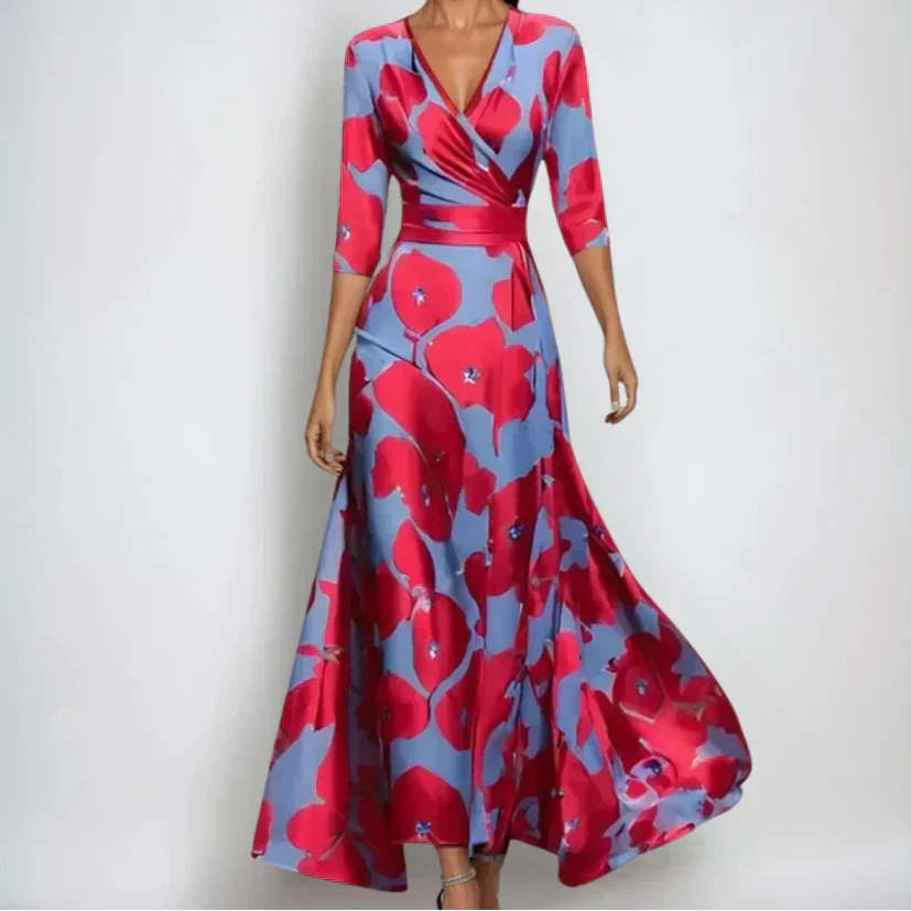 Floral Print Wrap V-Neck Belted Maxi Dress