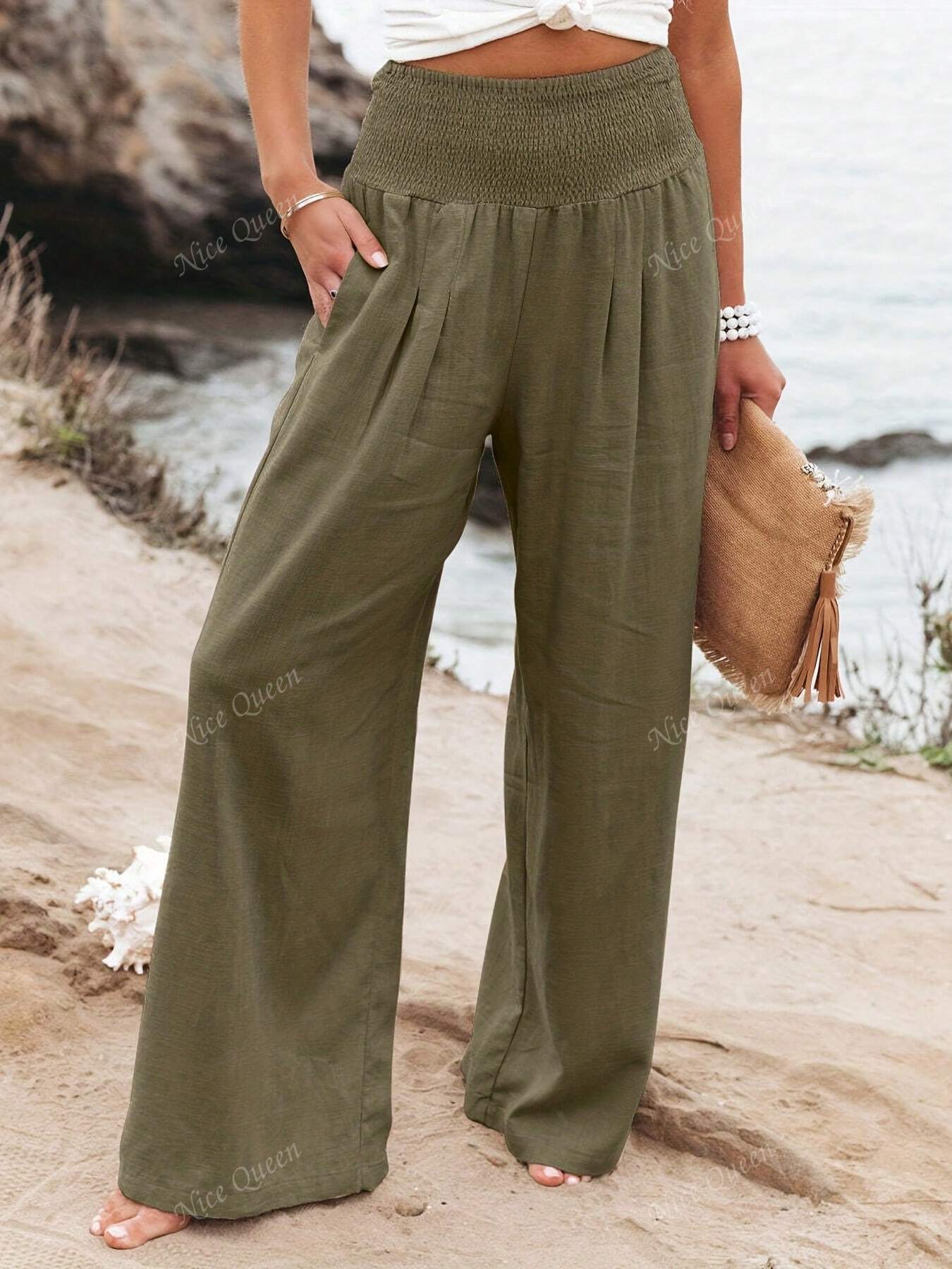 Smocked High Waist Wide Leg Linen Blend Trousers
