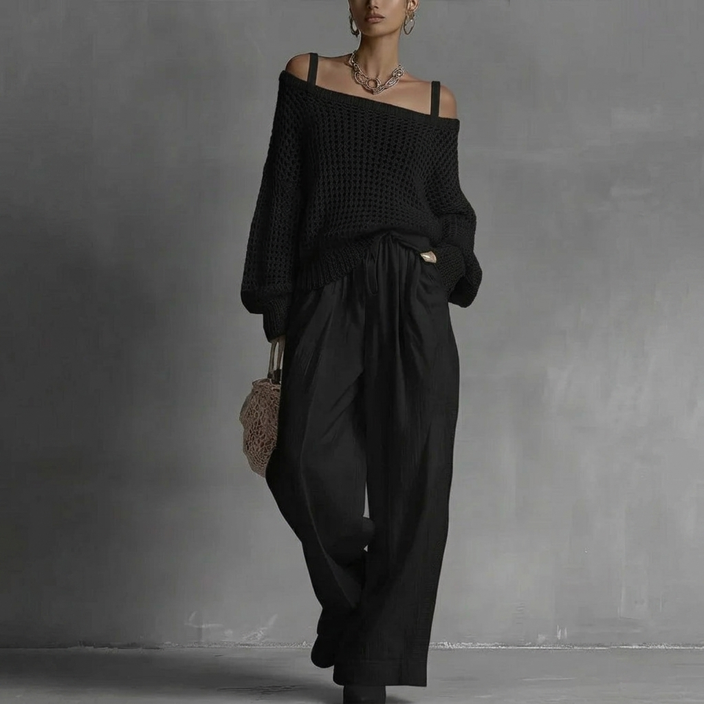 Off-Shoulder Crochet Knit Top and Wide Leg Trouser Set