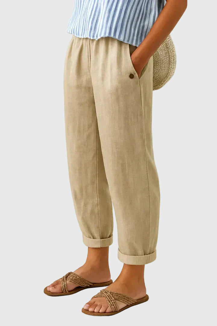 Relaxed Tapered Linen Trousers with Turn-Up Hem