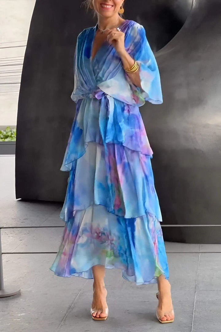 Watercolor Print Wrap Tiered Ruffle Maxi Dress