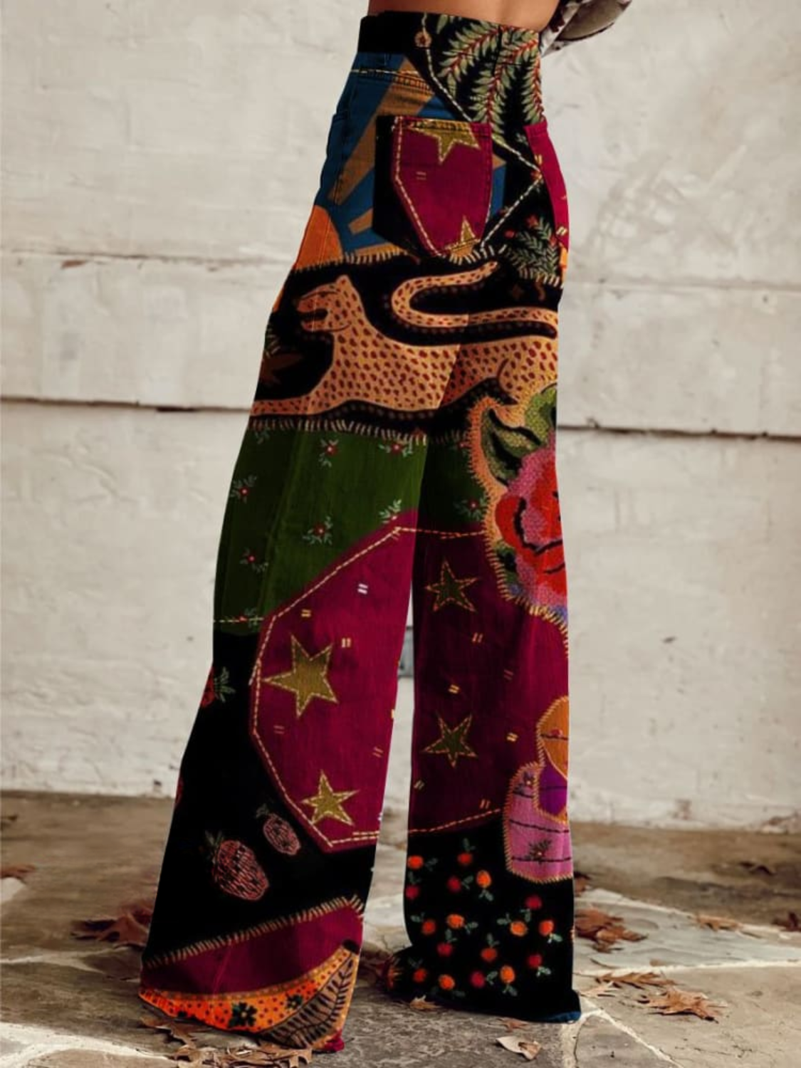 Patchwork Print Wide Leg Denim Trousers