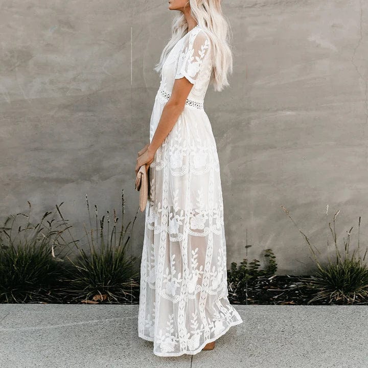 Embroidered Lace Maxi Dress with Crochet Waist Trim