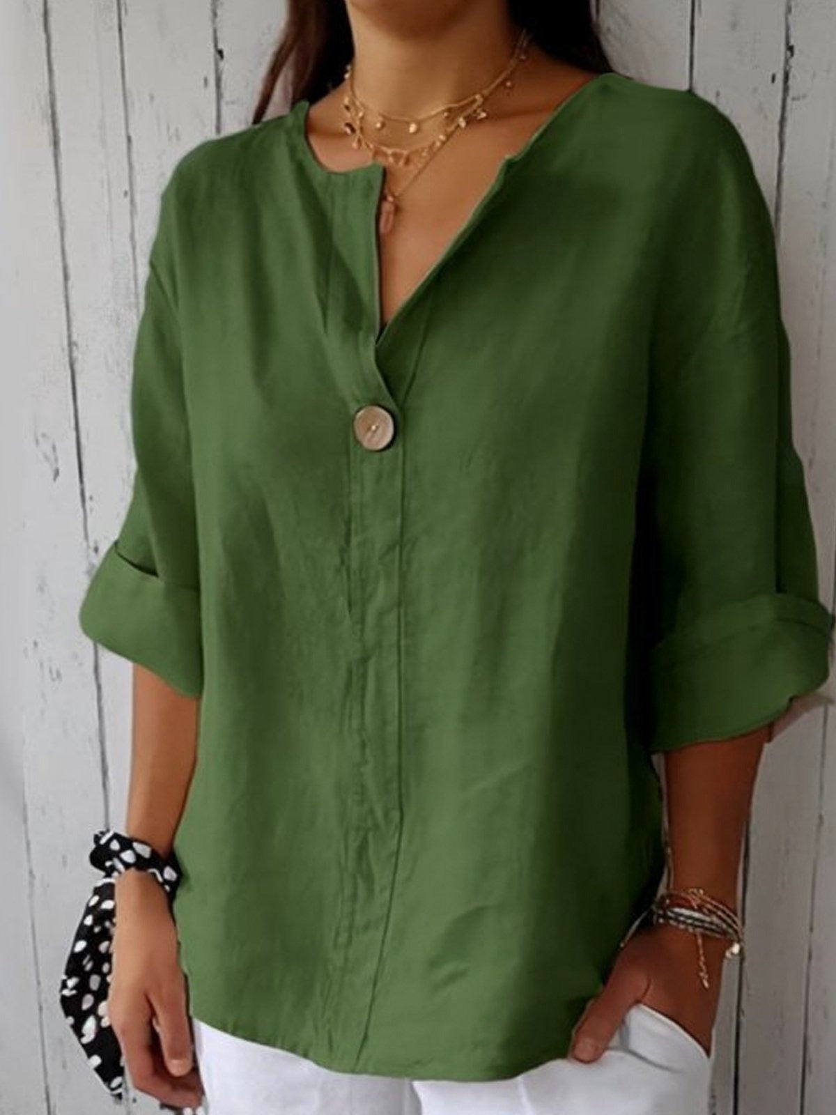 Notched V-Neck Single Button Oversized Blouse